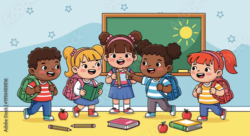Cute Cartoon Illustration of Diverse School Children in Classroom Scene