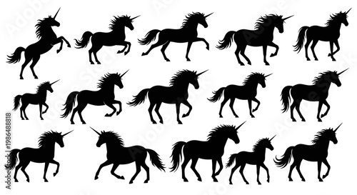 A diverse collection of elegant unicorn silhouettes, showcasing various dynamic poses from majestic rearing to serene walking, perfect for enchanting fantasy themes and mystical design projects
