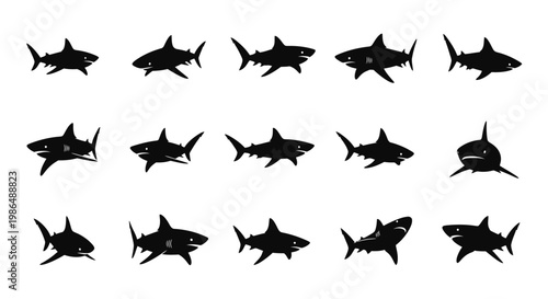Collection of stylized silhouette shark icons, representing marine life and ocean predators