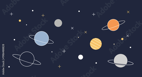 Minimalist Flat Style Galaxy with Planet and Star Decorative Illustration