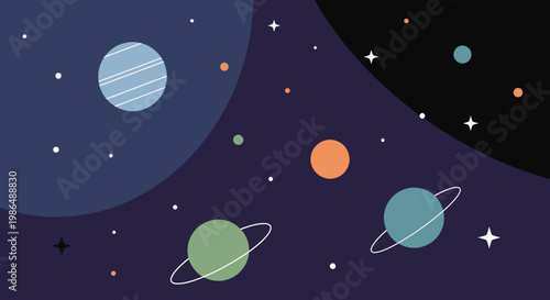 Flat Design Galaxy with Planet and Star Illustration on Dark Background