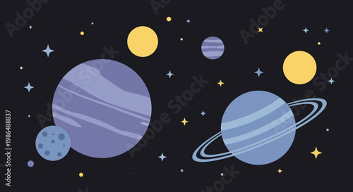 Simple Flat Illustration of Planet and Star in Space Scene