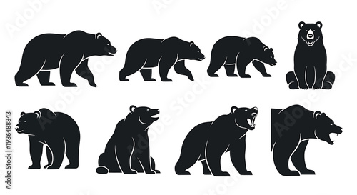 Collection of stylized bear silhouettes in diverse poses, including standing, walking, sitting, and roaring, perfect for wildlife and nature-themed graphic designs