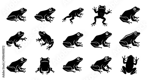 Collection of Silhouetted Frogs in Various Poses and Movements, Embodying Natural Amphibian Life