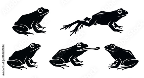 Dynamic frog silhouettes capturing diverse amphibian behaviors like resting, leaping, and feeding, symbolizing the inherent agility and adaptability of nature's creatures