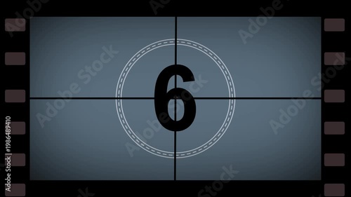 Old film strip countdown 10 to 0 in grey color. Vintage defocused film look, flicker, grain and scratches effect. Abstract circuit 4k animation technology background