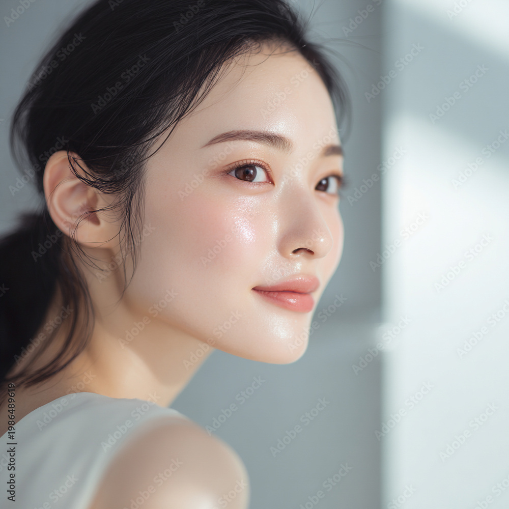 Naklejka premium ツヤとうるおいのある肌の女性の美容ポートレート 透明感のある背景