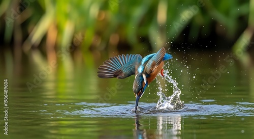 A kingfisher catches a fish in a lake with lush greenery nearby.