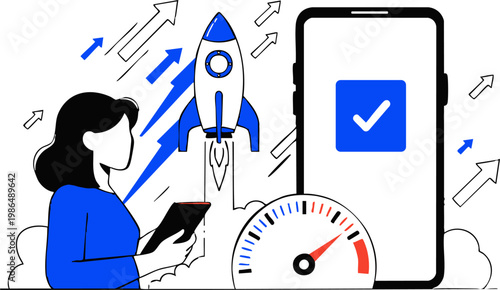 Digital vector graphic depicting a woman optimizing mobile performance for business growth and successful launch.