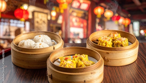 Steaming bamboo baskets overflowing with glistening har gow and plump siu mai, artfully arranged in a traditional Chinese restaurant setting.