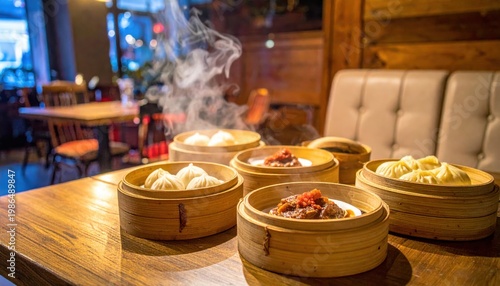 Steaming baskets of assorted baozi with savory fillings served at a restaurant with warm ambiance
