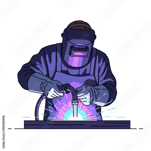Welder working with intense sparks and light, creating metalwork, industrial illustration