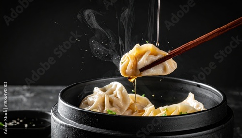 Steaming Xiao Long Bao dumplings pierced with chopsticks, revealing savory broth and delicious liquid.