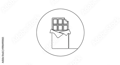 Minimalist line art of a bitten chocolate bar in wrapper inside a circle