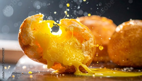 Warm baked custard buns with bright yellow filling oozing out, a delightful sweet treat.