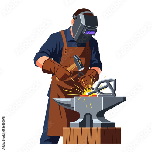 Blacksmith forging metal on anvil with hammer and sparks, wearing welding mask and apron