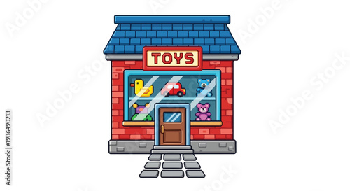 A colorful vector illustration of a toy store with a red brick facade, blue roof, and display windows filled with various toys like bears and cars.