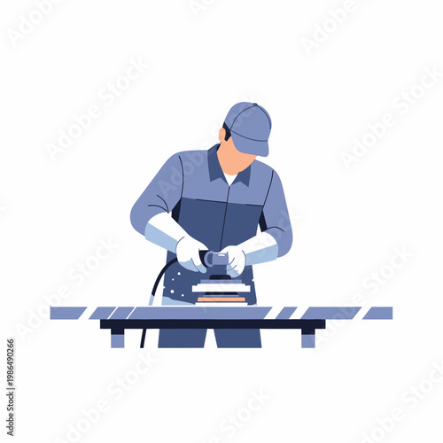 Craftsman Sanding Wood Surface with Electric Sander on Workbench