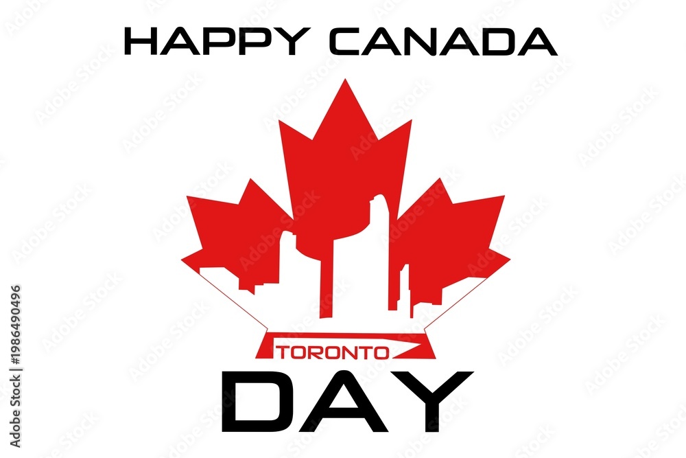 Fototapeta premium Red maple leaf shapes toronto skyline sillhouette,canada day logo flag with totontoncity sillhouette design poster,happy cananda day design template and wallpaper 