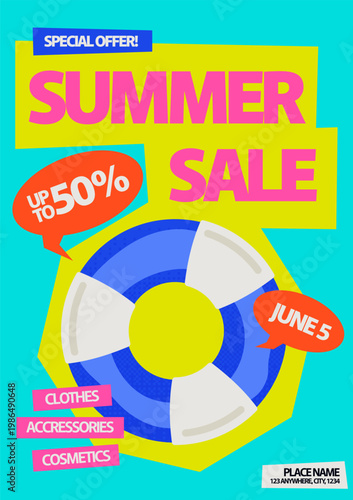 Summer sale promotional poster template background decorated with inflatable lifebuoy