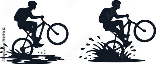 Silhouette of two cyclists riding through puddles