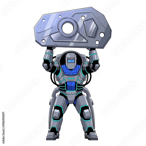 Futuristic Robot Holding Heavy Metal Plate, Sci-Fi Character, Technology