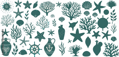 A collection of teal marine life and nautical elements in a repeating pattern