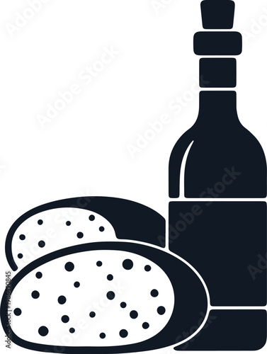 Black and white illustration of cheese and wine