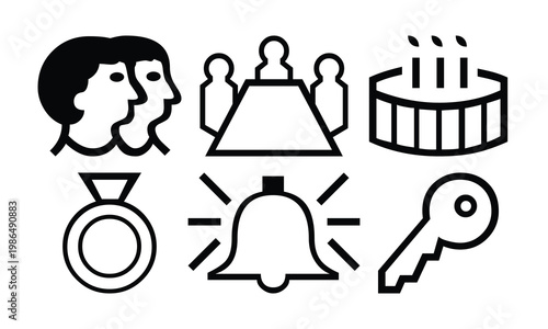 Business and Communication Outline Icons Set with Meeting Bell Key and Ring Symbols