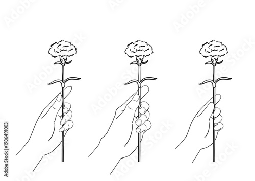 Mother’s Day carnation hand holding line art vector illustration