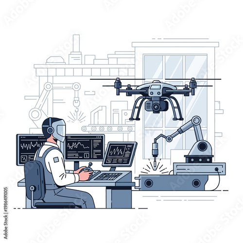 Man controlling drone and robot arm in futuristic factory with monitoring screens