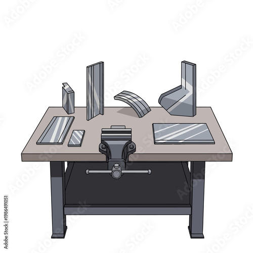 Metal Fabrication Workshop Bench with Vise and Bent Metal Pieces