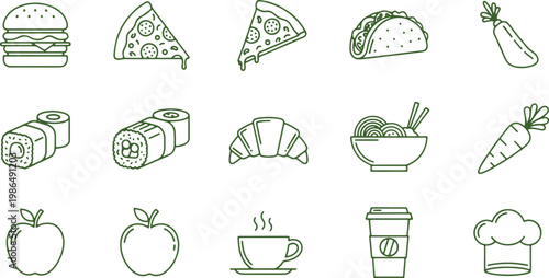 Vector illustration of various food and drink icons in green lines