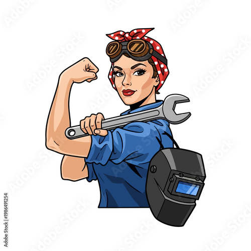 Rosie the Riveter style woman flexing bicep with wrench and welding mask