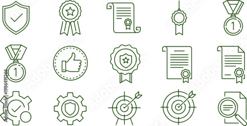 Collection of green icons on for awards and achievements