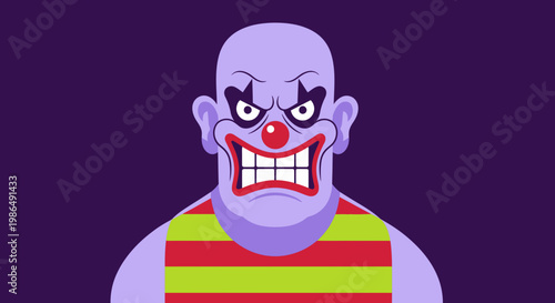 Scary clown face with exaggerated grin in colorful vector style.