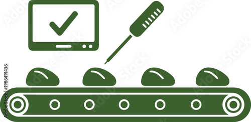 Green vector illustration of a conveyor belt with screwdriver and monitor