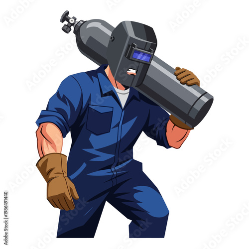 Welder carrying gas cylinder on shoulder, wearing protective gear and blue jumpsuit