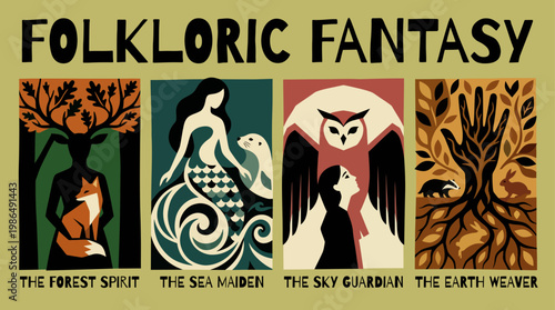 Etheral Folklore Mythical Beast vector illustration of an abstract background