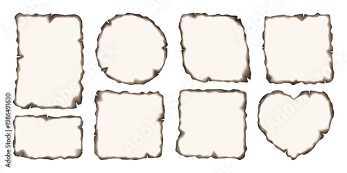 Paper fire burnt edge. Heart square book page with tear corner line, fiery texture effect. Flamed paper sheet, white burning letter scrap booking png. Torn heat damaged, faded broken old parchment