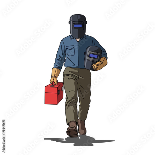Welder walking with helmet and toolbox, professional protection gear, industrial worker