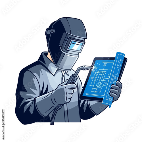 Welder with Tablet and Blueprint, Digital Fabrication, Industrial Technology