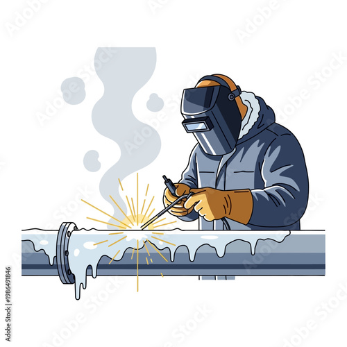 Welder working on a frozen pipe with sparks flying, industrial repair concept
