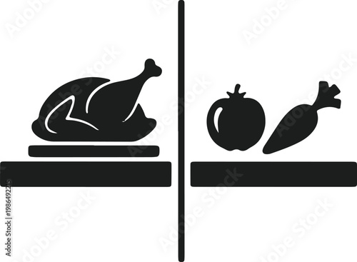 Black and white vector graphic of food on scales