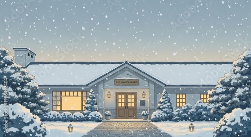 Cozy Winter Cabin Surrounded by Snow and Trees at Dusk