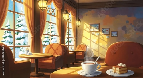 Cozy Winter Cafe Scene with Coffee and Dessert in Bright Light