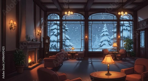 Cozy Winter Retreat with Snowy Landscape and Warm Fireplace