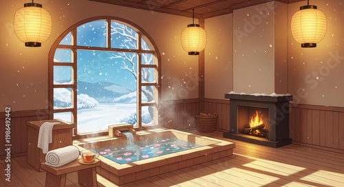 Cozy Winter Spa Retreat with Heated Bathtub and Snowy View