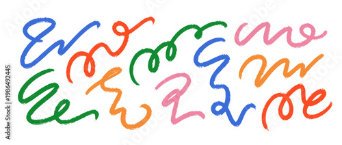 Hand drawn organic line collection. Brush stroke squiggle shape set. Vector charcoal chalk serpentine stripes. Color crayon curly wave element bundle. Wiggly scribble pack for party decor, poster