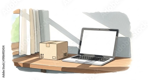 Cozy workspace with a laptop and a cardboard box on the table